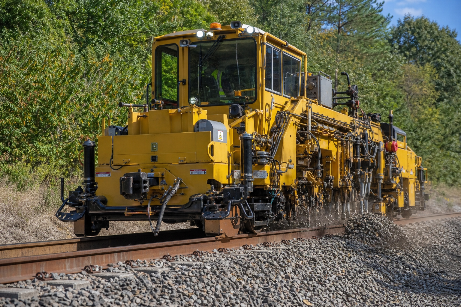 Railroad maintenance tamper machine working on ballasted track